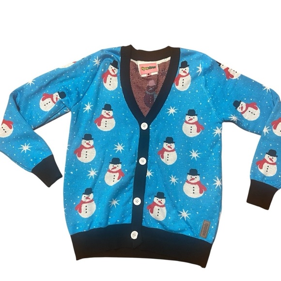 Tipsy Elves WOMEN'S SNAZZY SNOWMAN CARDIGAN SWEATER Size L Light Blue Holiday - Picture 2 of 12
